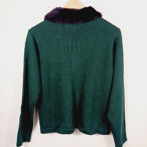 Vintage Marisa Christina Drk Green Cardigan Faux Fur Collar W Pom Christmas 2001 - Picture 6 of 15